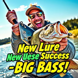 A dynamic scene portraying a fisherman with a broad smile and an excited expression, energetically gripping a fishing rod with a large bass caught on the hook