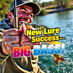 A dynamic scene portraying a fisherman with a broad smile and an excited expression, energetically gripping a fishing rod with a large bass caught on the hook