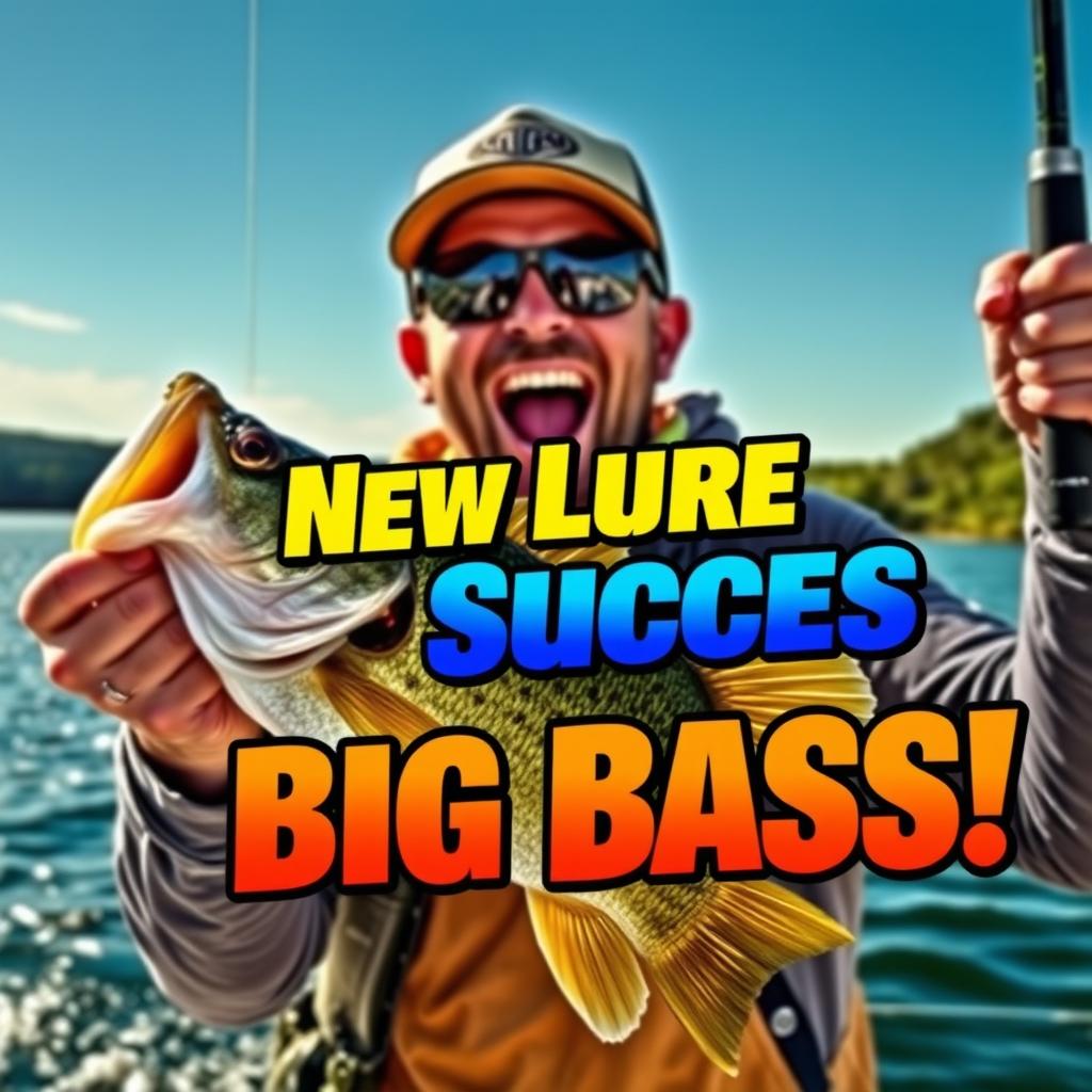 A dynamic scene portraying a fisherman with a broad smile and an excited expression, energetically gripping a fishing rod with a large bass caught on the hook