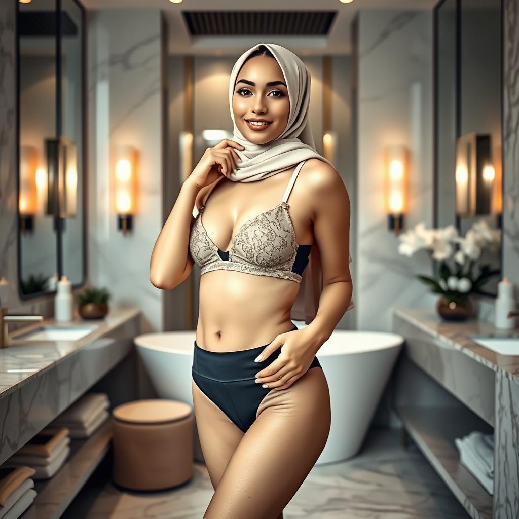 A beautiful young woman wearing a hijab, dressed in stylish bra and panties, positioned in a chic and modern bathroom