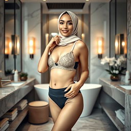 A beautiful young woman wearing a hijab, dressed in stylish bra and panties, positioned in a chic and modern bathroom