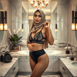 A beautiful young woman wearing a hijab, dressed in stylish bra and panties, positioned in a chic and modern bathroom