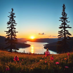 A serene landscape featuring a beautiful sunset over a calm lake, surrounded by green rolling hills and a bright blue sky, with a few fluffy clouds scattered across the horizon