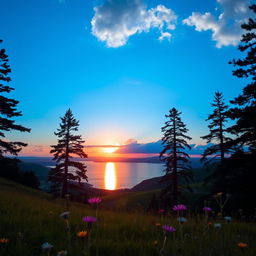 A serene landscape featuring a beautiful sunset over a calm lake, surrounded by green rolling hills and a bright blue sky, with a few fluffy clouds scattered across the horizon