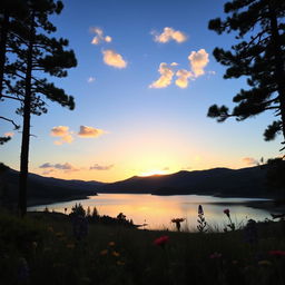 A serene landscape featuring a beautiful sunset over a calm lake, surrounded by green rolling hills and a bright blue sky, with a few fluffy clouds scattered across the horizon