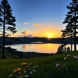 A serene landscape featuring a beautiful sunset over a calm lake, surrounded by green rolling hills and a bright blue sky, with a few fluffy clouds scattered across the horizon