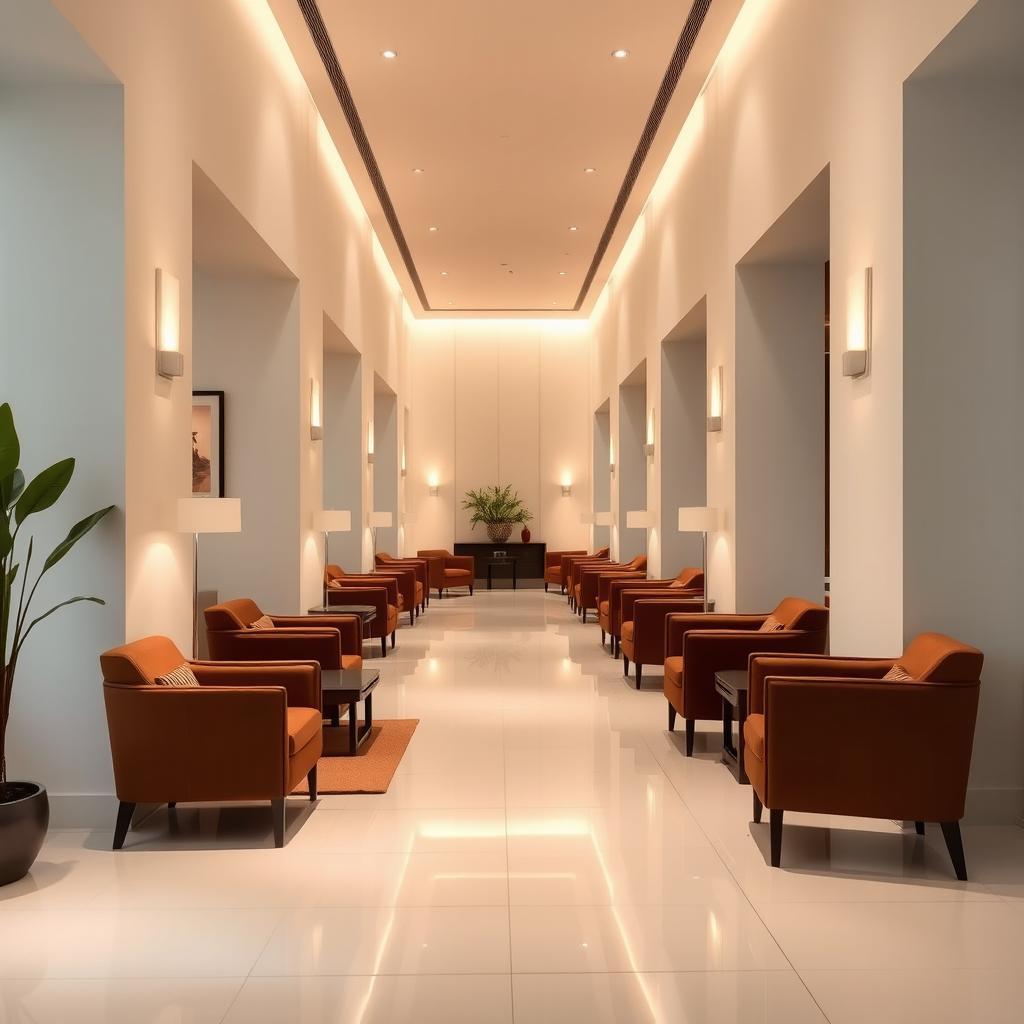 A modern interior corridor featuring elegant brown furniture against a backdrop of pristine white walls and floor tiles