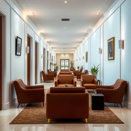 A modern interior corridor featuring elegant brown furniture against a backdrop of pristine white walls and floor tiles