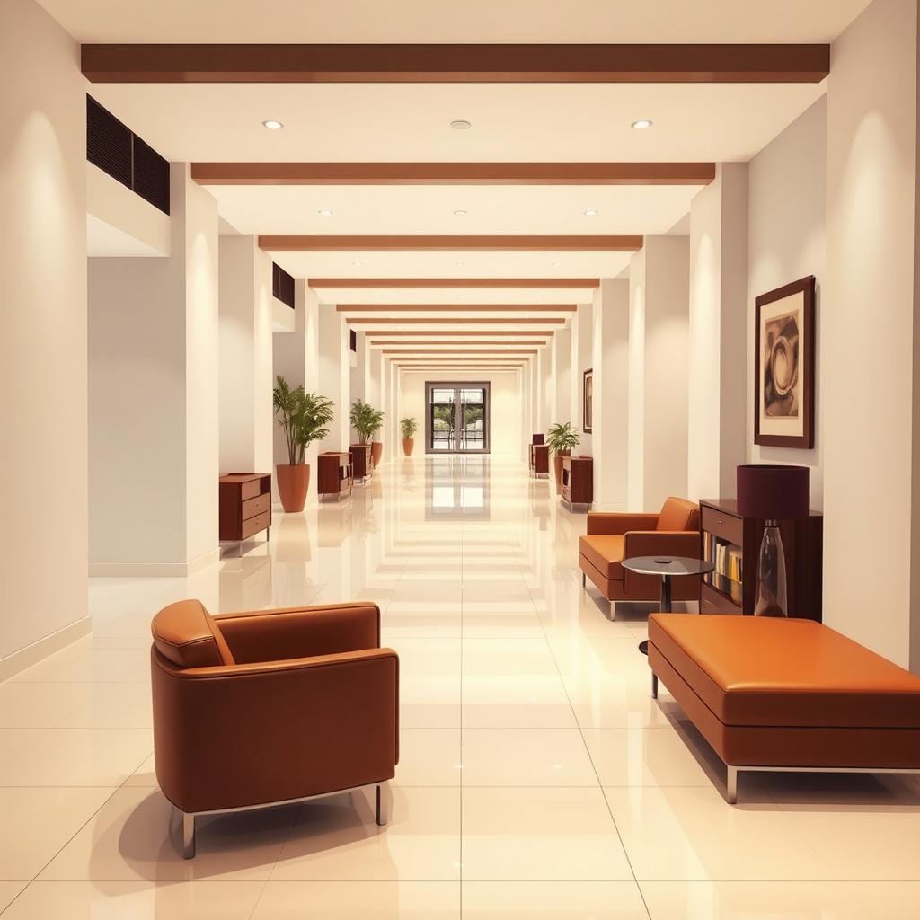 A modern interior corridor featuring elegant brown furniture against a backdrop of pristine white walls and floor tiles