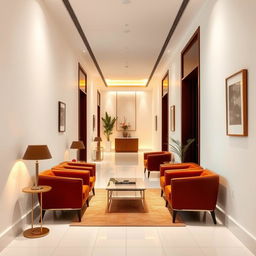 A modern interior corridor featuring elegant brown furniture against a backdrop of pristine white walls and floor tiles