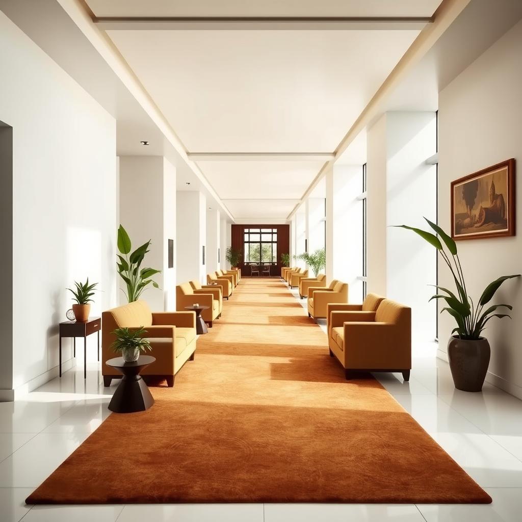 A long interior corridor beautifully designed with rich brown furniture set against bright white walls and floor tiles