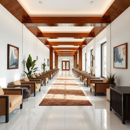 A long interior corridor beautifully designed with rich brown furniture set against bright white walls and floor tiles