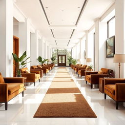 A long interior corridor beautifully designed with rich brown furniture set against bright white walls and floor tiles