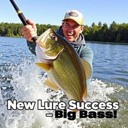 A dynamic scene depicting a fisherman in action, gripping a fishing rod as he excitedly reels in a large bass that is thrashing in the water