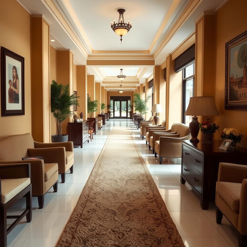 A long interior corridor featuring elegant brown furniture, with walls painted in a warm beige color and bright white floor tiles