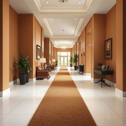 A long interior corridor featuring elegant brown furniture, with walls painted in a warm beige color and bright white floor tiles