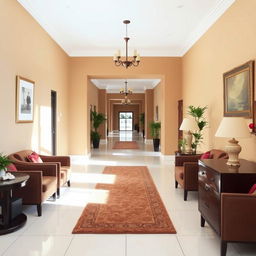 A long interior corridor featuring elegant brown furniture, with walls painted in a warm beige color and bright white floor tiles