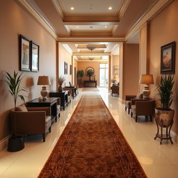 A long interior corridor featuring elegant brown furniture, with walls painted in a warm beige color and bright white floor tiles