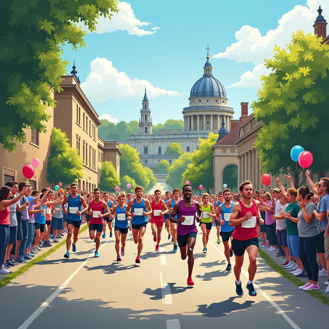 An energetic and vibrant scene depicting the Oxford Half Marathon taking place at Oxford University