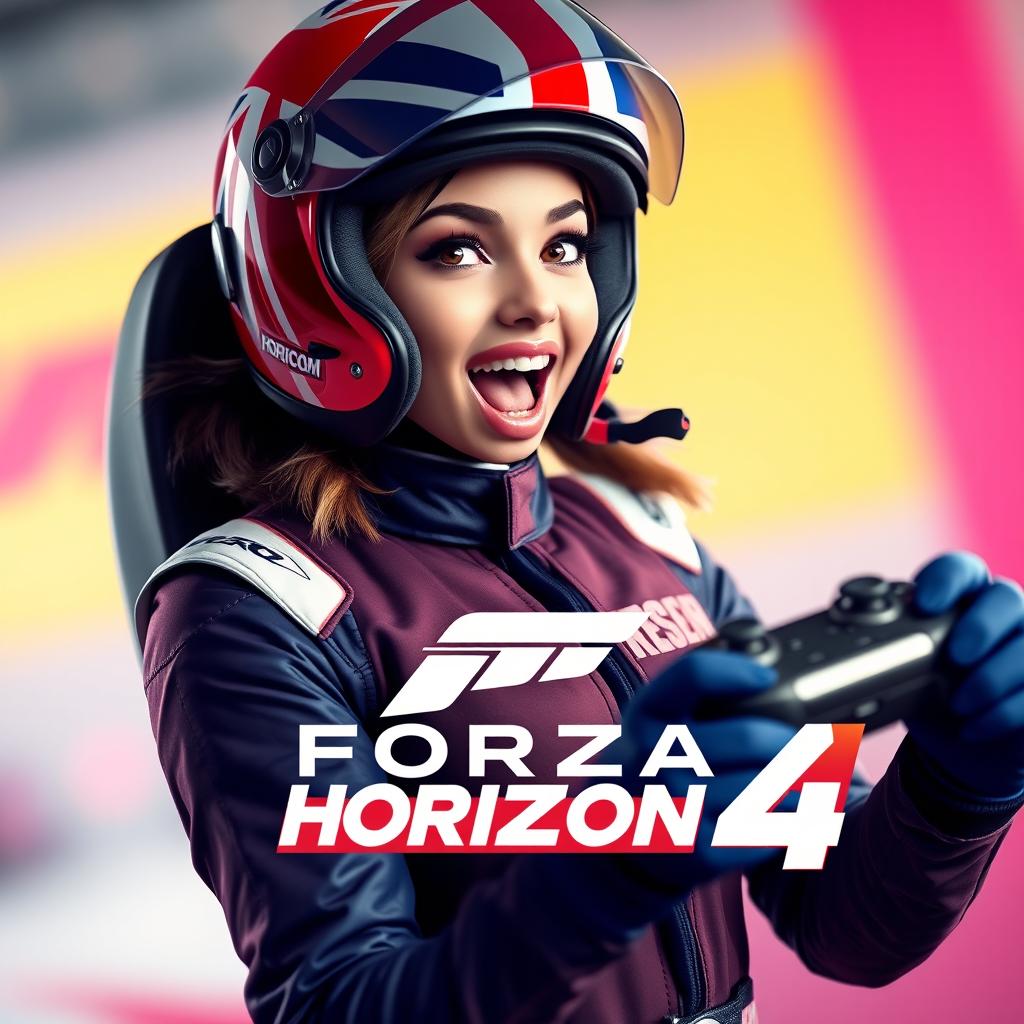 A vibrant and captivating thumbnail featuring an avatar of an incredibly attractive and super excited female character dressed as a sexy English racing pilot