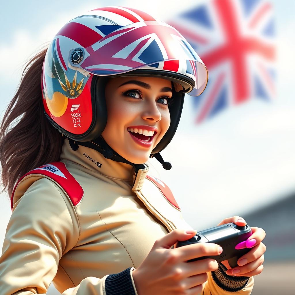 A vibrant and captivating thumbnail featuring an avatar of an incredibly attractive and super excited female character dressed as a sexy English racing pilot