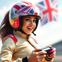 A vibrant and captivating thumbnail featuring an avatar of an incredibly attractive and super excited female character dressed as a sexy English racing pilot