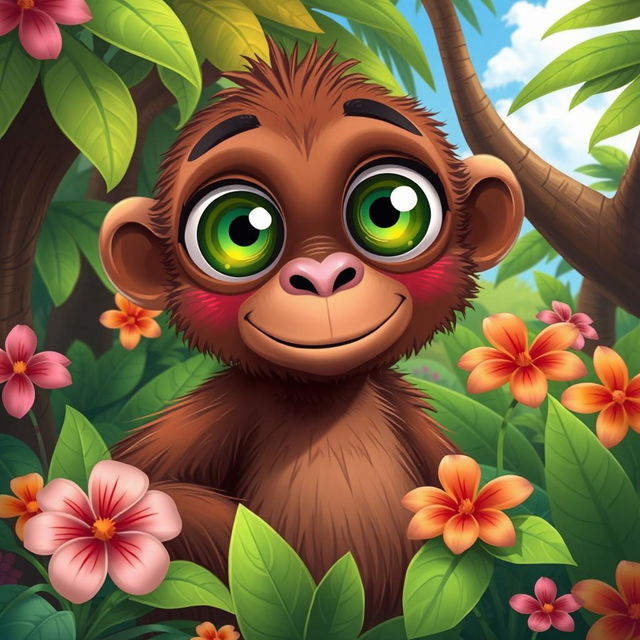 A whimsical illustration of a bus-eyed ape named Bayo, featuring oversized, cartoonish eyes with a playful expression