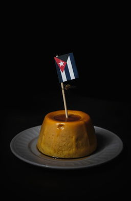 A flan placed on a wooden table, with a fly perched on top of the flan