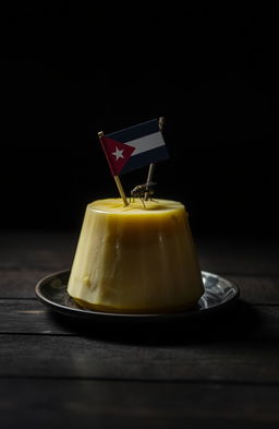 A flan placed on a wooden table, with a fly perched on top of the flan