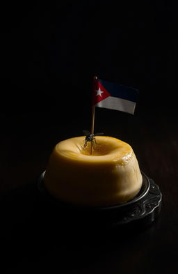 A flan placed on a wooden table, with a fly perched on top of the flan