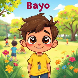 A whimsical illustration of a bus-eyed boy named Bayo, featuring oversized, cartoonish eyes with an expressive, playful demeanor