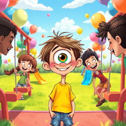 A whimsical and humorous illustration of a bus-eyed boy named Bayo, featuring his oversized, cartoonish eye that pops out unexpectedly from a long, skinny neck, creating an odd yet charming appearance