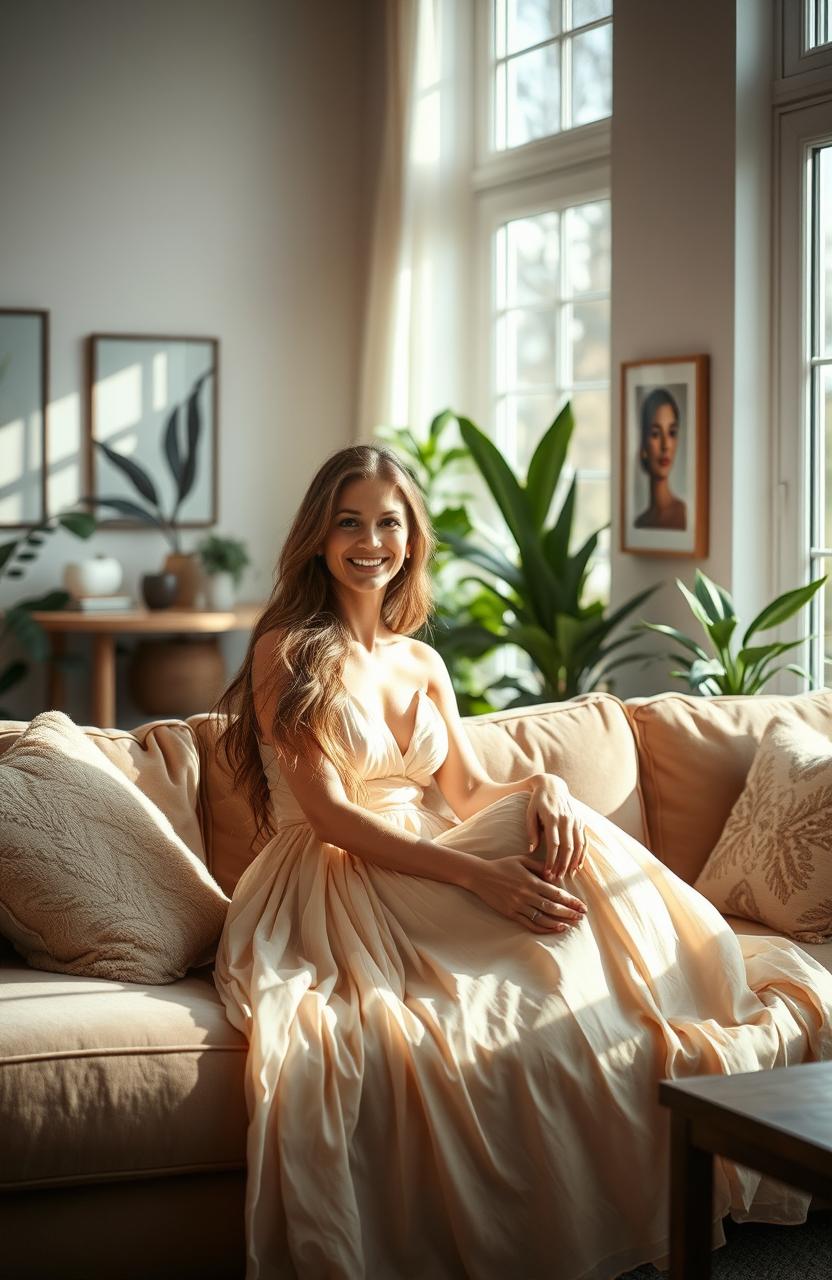 A cozy and warm living room filled with soft natural light streaming through large windows