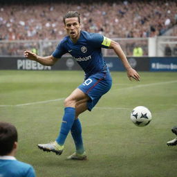 An action-packed image depicting the world's best footballer, showing off impressive skills and agility on the soccer field, surrounded by an adoring crowd