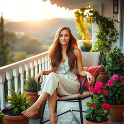 A serene and inviting terrace setting with a lovely woman sitting comfortably on a stylish outdoor chair