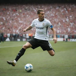 An action-packed image depicting the world's best footballer, showing off impressive skills and agility on the soccer field, surrounded by an adoring crowd