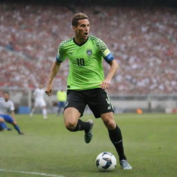 An action-packed image depicting the world's best footballer, showing off impressive skills and agility on the soccer field, surrounded by an adoring crowd