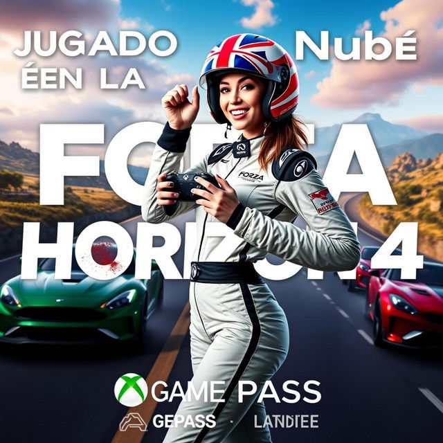 A striking and eye-catching thumbnail for the video titled 'Jugando en la Nube: Forza Horizon 4 | Gameplay | Xbox Cloud Gaming 🎮🔥👾| Game Pass Ultimate'