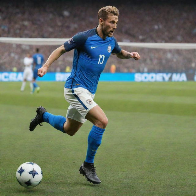 An action-packed image depicting the world's best footballer, showing off impressive skills and agility on the soccer field, surrounded by an adoring crowd