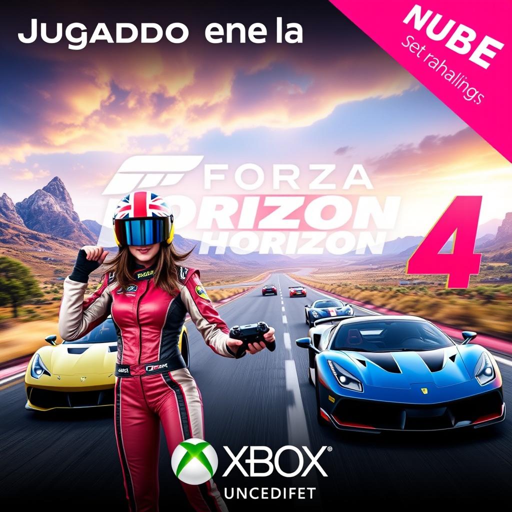 A striking and eye-catching thumbnail for the video titled 'Jugando en la Nube: Forza Horizon 4 | Gameplay | Xbox Cloud Gaming 🎮🔥👾| Game Pass Ultimate'