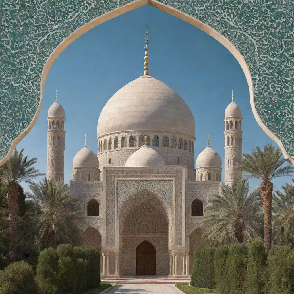 Generate an image that reflects Islamic culture, including architecture such as domes and minarets, geometric designs, Arabic calligraphy, and lush gardens.