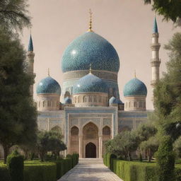 Generate an image that reflects Islamic culture, including architecture such as domes and minarets, geometric designs, Arabic calligraphy, and lush gardens.