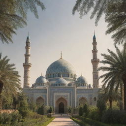 Generate an image that reflects Islamic culture, including architecture such as domes and minarets, geometric designs, Arabic calligraphy, and lush gardens.