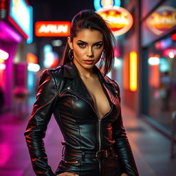 A bold and striking image of a confident woman with a captivating gaze, wearing a form-fitting black leather jacket and high-waisted pants