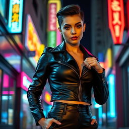 A bold and striking image of a confident woman with a captivating gaze, wearing a form-fitting black leather jacket and high-waisted pants