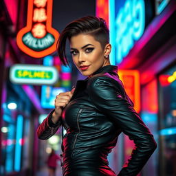 A bold and striking image of a confident woman with a captivating gaze, wearing a form-fitting black leather jacket and high-waisted pants