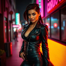 A bold and striking image of a confident woman with a captivating gaze, wearing a form-fitting black leather jacket and high-waisted pants