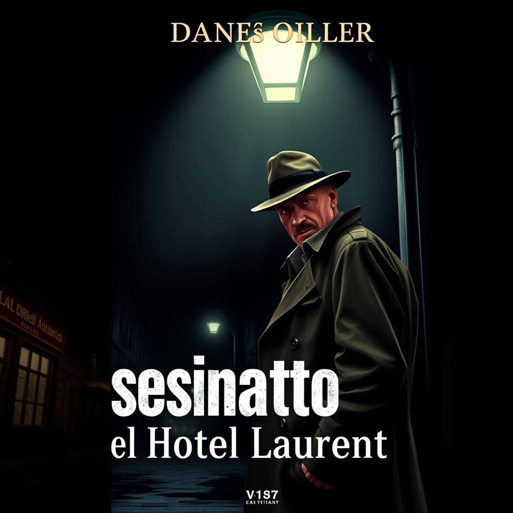 The cover of a crime novel titled 'Asesinato en el Hotel Laurent', featuring a 20th century detective standing under a dimly lit streetlamp at night