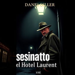 The cover of a crime novel titled 'Asesinato en el Hotel Laurent', featuring a 20th century detective standing under a dimly lit streetlamp at night