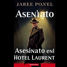 The cover of a crime novel titled 'Asesinato en el Hotel Laurent', featuring a 20th century detective standing under a dimly lit streetlamp at night